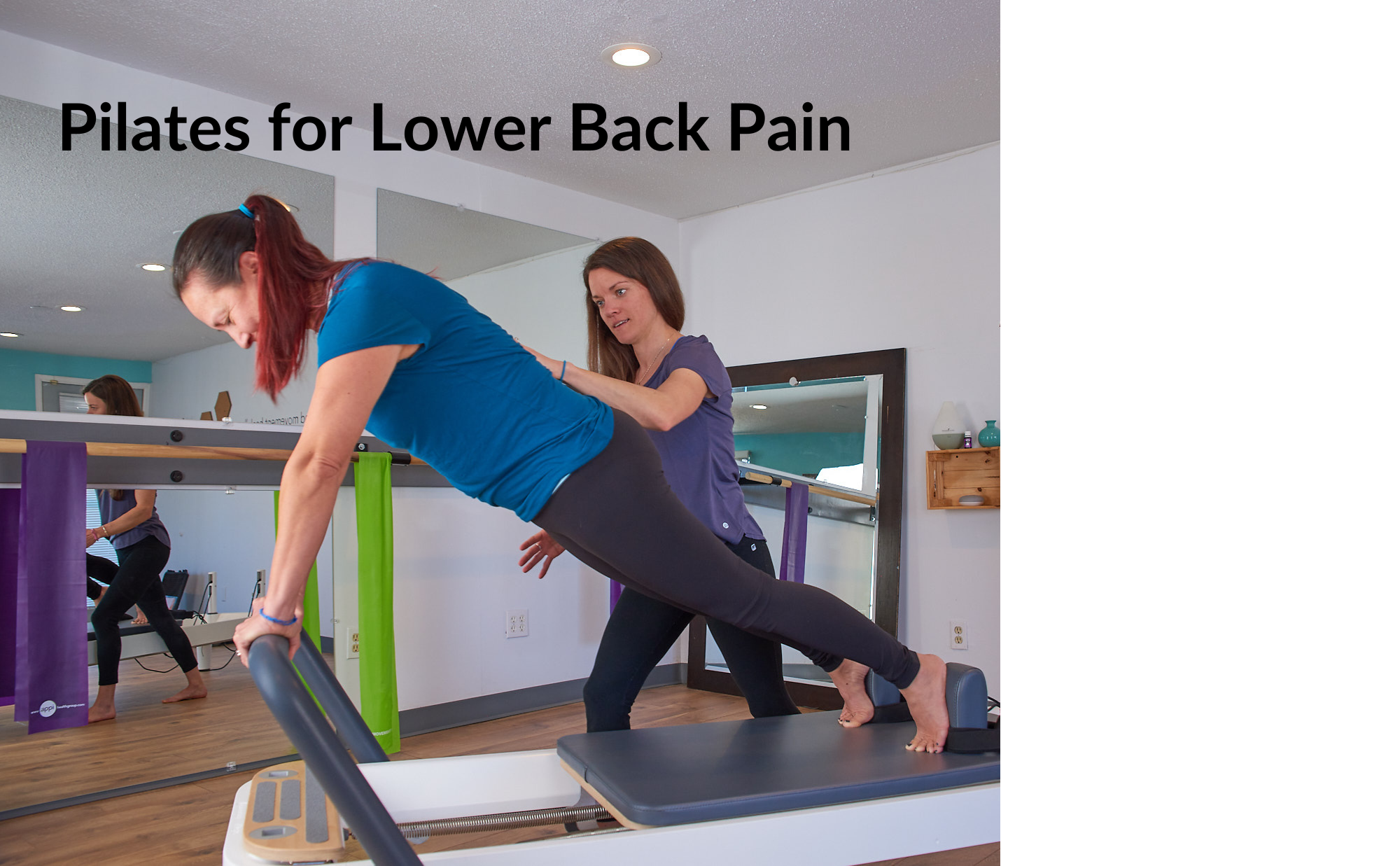 A Pilates instructor showing a client how to exercise for lower back pain.